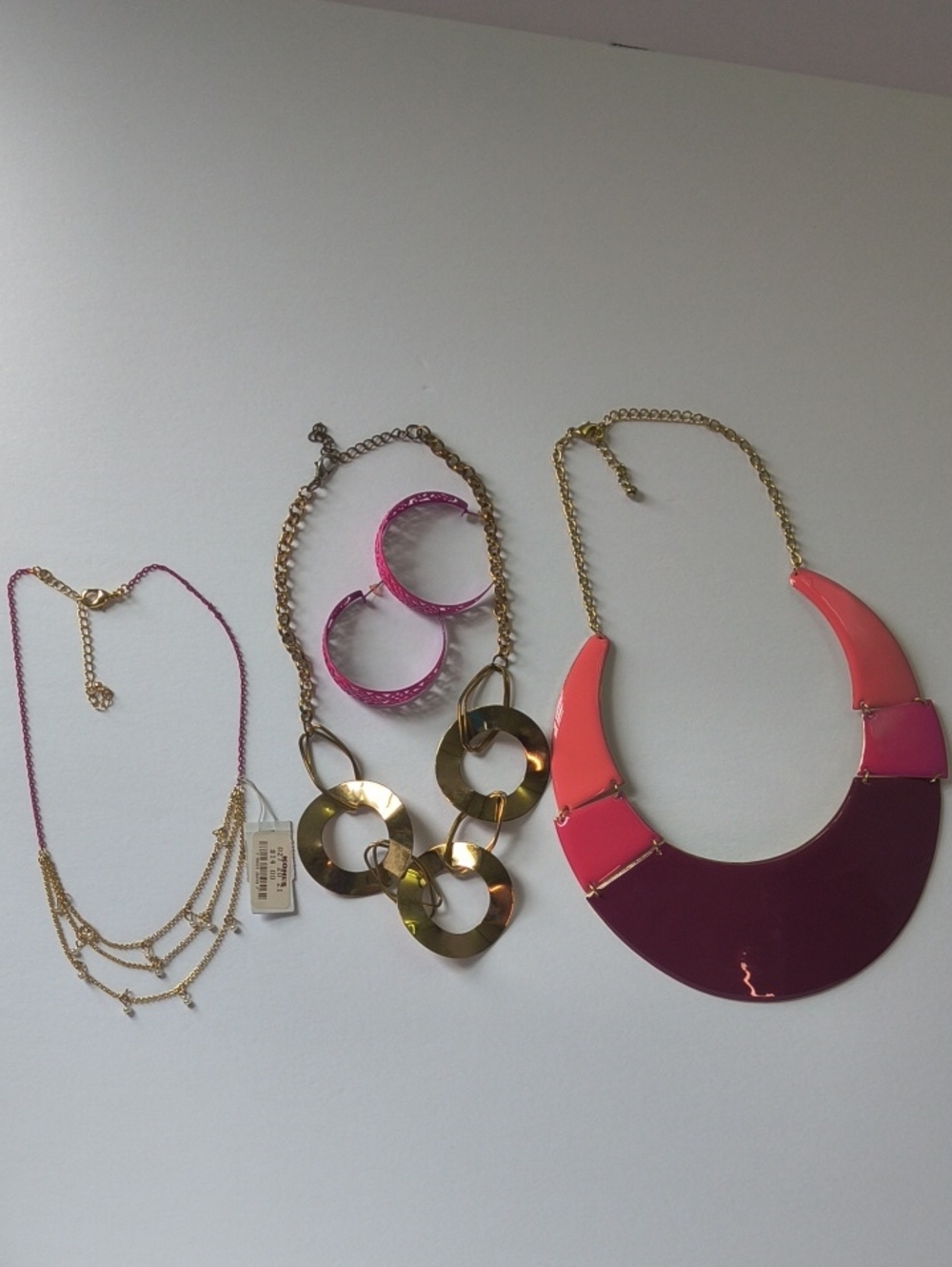 Vintage Necklaces with Bright Pink Hoop Earrings